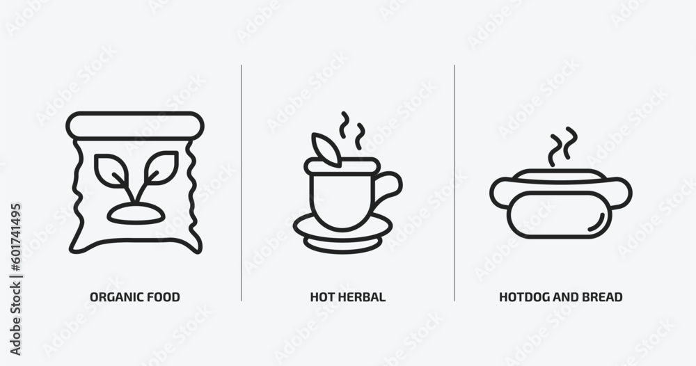 food outline icons set. food icons such as organic food, hot herbal, hotdog and bread vector. can be used web and mobile.