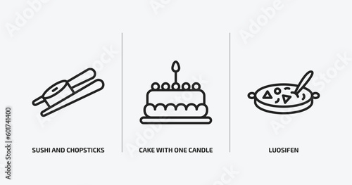 food outline icons set. food icons such as sushi and chopsticks, cake with one candle, luosifen vector. can be used web and mobile.