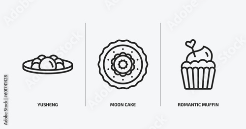 food outline icons set. food icons such as yusheng, moon cake, romantic muffin vector. can be used web and mobile.