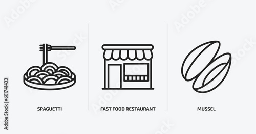 food outline icons set. food icons such as spaguetti, fast food restaurant, mussel vector. can be used web and mobile.