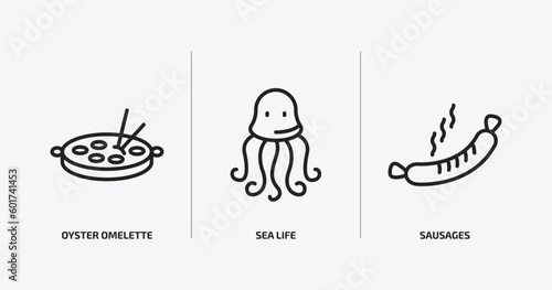 food outline icons set. food icons such as oyster omelette, sea life, sausages vector. can be used web and mobile.
