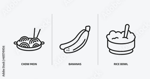 food outline icons set. food icons such as chow mein, bananas, rice bowl vector. can be used web and mobile.