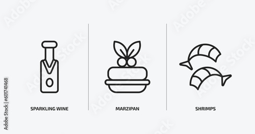 food outline icons set. food icons such as sparkling wine, marzipan, shrimps vector. can be used web and mobile.