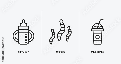 food outline icons set. food icons such as sippy cup, worms, milk shake vector. can be used web and mobile.