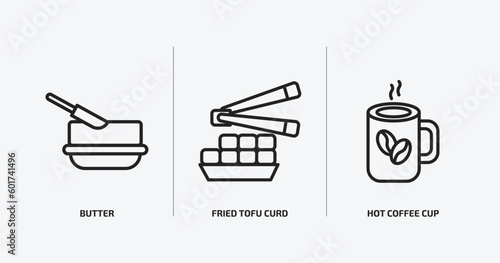 food outline icons set. food icons such as butter, fried tofu curd balls, hot coffee cup vector. can be used web and mobile.