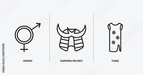 fashion outline icons set. fashion icons such as unisex, samurai helmet, tunic vector. can be used web and mobile.