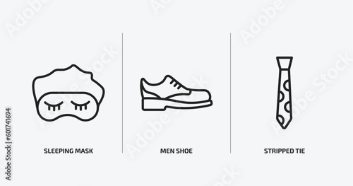 fashion outline icons set. fashion icons such as sleeping mask, men shoe, stripped tie vector. can be used web and mobile.