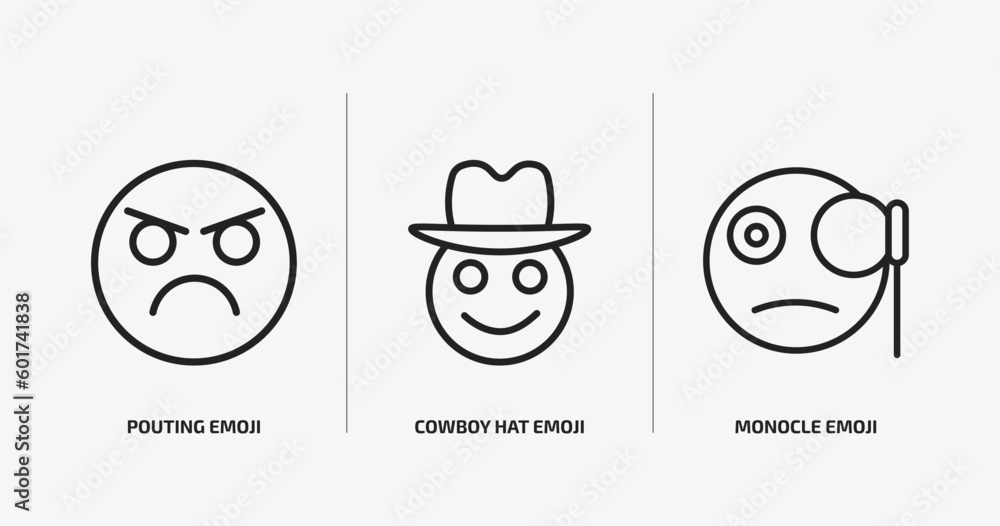 emoji outline icons set. emoji icons such as pouting emoji, cowboy hat monocle vector. can be used web and mobile. emoji outline icons set. emoji icons such as pouting emoji, cowboy hat monocle vector. can be used web and mobile.