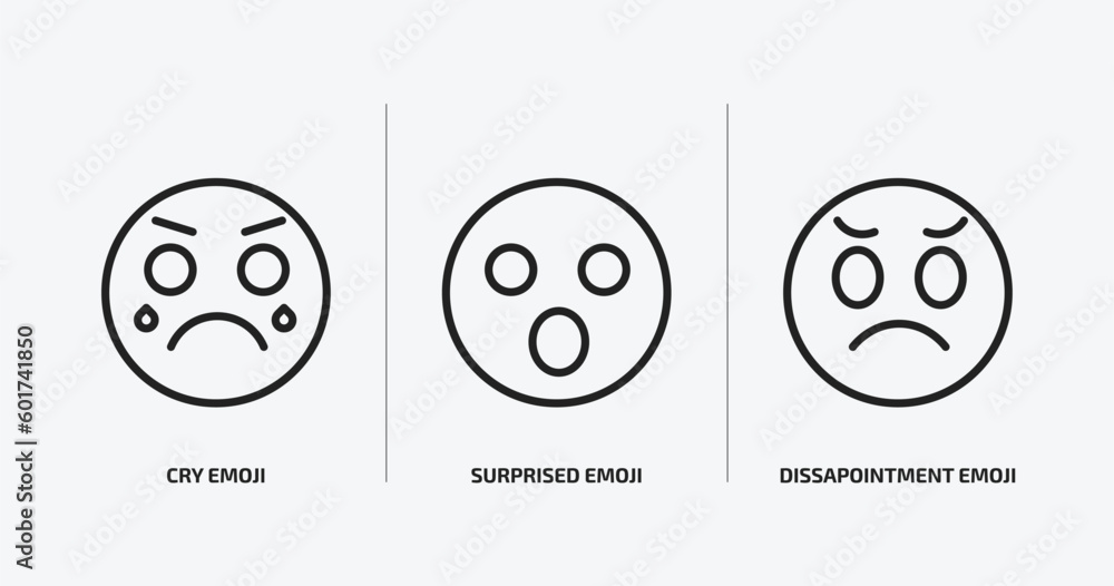 emoji outline icons set. emoji icons such as cry emoji, surprised dissapointment vector. can be used web and mobile. emoji outline icons set. emoji icons such as cry emoji, surprised dissapointment vector. can be used web and mobile.