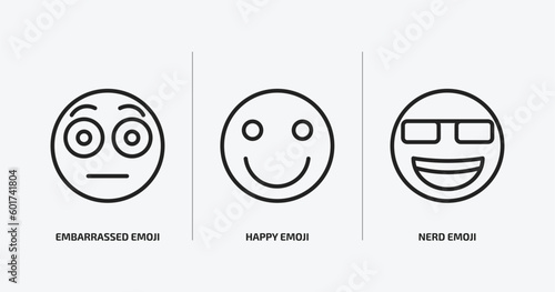 emoji outline icons set. emoji icons such as embarrassed emoji, happy nerd vector. can be used web and mobile.