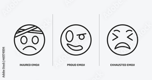emoji outline icons set. emoji icons such as injured emoji, proud exhausted vector. can be used web and mobile.