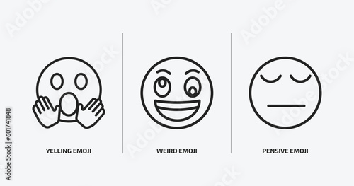 emoji outline icons set. emoji icons such as yelling emoji, weird pensive vector. can be used web and mobile.