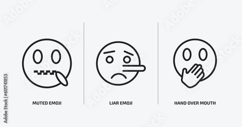 emoji outline icons set. emoji icons such as muted emoji, liar hand over mouth vector. can be used web and mobile.