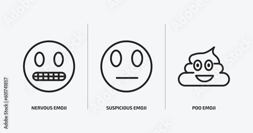 emoji outline icons set. emoji icons such as nervous emoji, suspicious poo vector. can be used web and mobile.