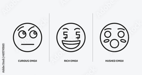 emoji outline icons set. emoji icons such as curious emoji, rich hushed vector. can be used web and mobile.