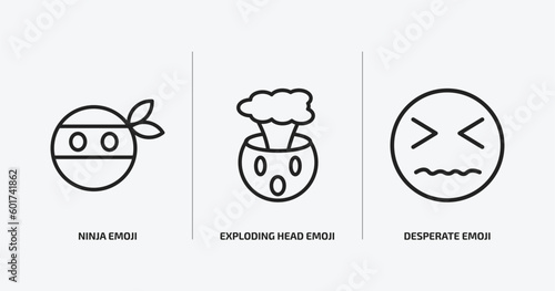 emoji outline icons set. emoji icons such as ninja emoji, exploding head desperate vector. can be used web and mobile.