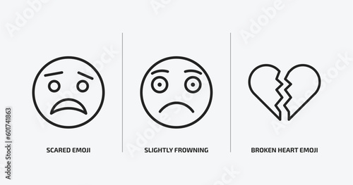 emoji outline icons set. emoji icons such as scared emoji, slightly frowning broken heart vector. can be used web and mobile.