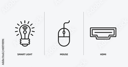 electronic devices outline icons set. electronic devices icons such as smart light, mouse, hdmi vector. can be used web and mobile.
