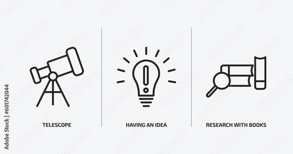 education outline icons set. education icons such as telescope, having an idea, research with books vector. can be used web and mobile. education outline icons set. education icons such as telescope, having an idea, research with books vector. can be used web and mobile.