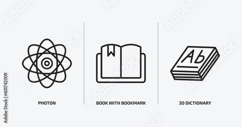 education outline icons set. education icons such as photon, book with bookmark, 3d dictionary vector. can be used web and mobile.