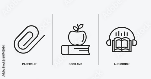 education outline icons set. education icons such as paperclip, book and, audiobook vector. can be used web and mobile.