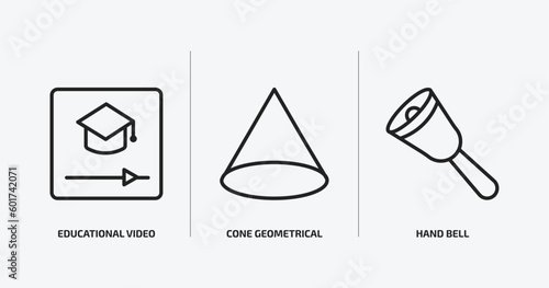education outline icons set. education icons such as educational video, cone geometrical, hand bell vector. can be used web and mobile.