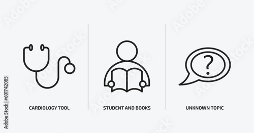 education outline icons set. education icons such as cardiology tool, student and books, unknown topic vector. can be used web and mobile.