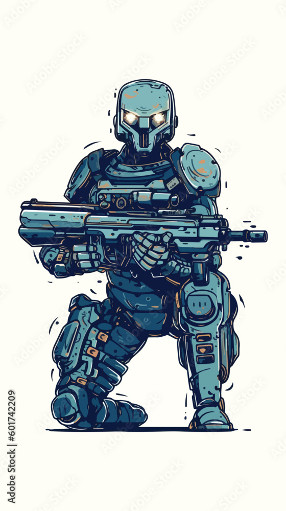 robot man with machine gun in hand. Technology Robot . flat color logo robot man with machine gun in hand. Technology Robot . flat color logo