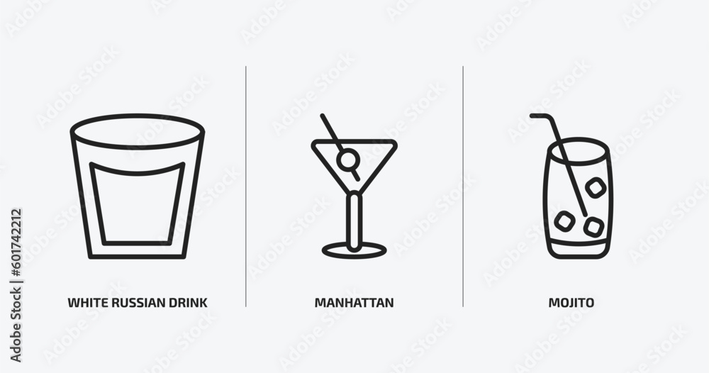drinks outline icons set. drinks icons such as white russian drink, manhattan, mojito vector. can be used web and mobile.