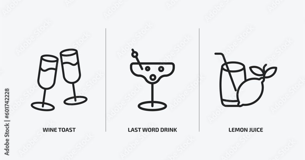 drinks outline icons set. drinks icons such as wine toast, last word drink, lemon juice vector. can be used web and mobile. drinks outline icons set. drinks icons such as wine toast, last word drink, lemon juice vector. can be used web and mobile.