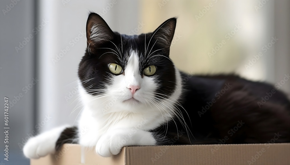 Monochrome Majesty A Stunning Black and White Feline Relaxing on a Cozy Box, Generative AI