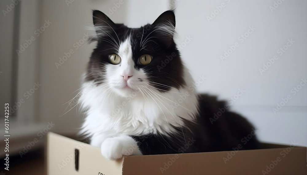 Cuddly Contrasts A Black and White Cat with Soft, Silky Fur Curled up in a Box, Generative AI