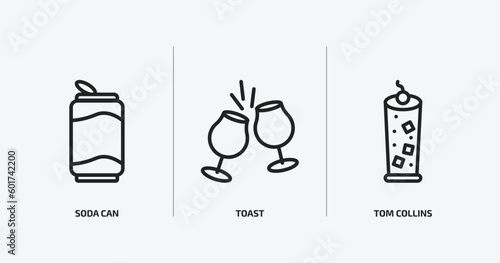 drinks outline icons set. drinks icons such as soda can, toast, tom collins vector. can be used web and mobile.