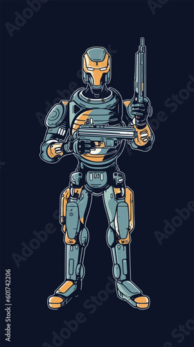 robot man with machine gun in hand. Technology Robot . flat color logo