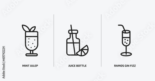 drinks outline icons set. drinks icons such as mint julep, juice bottle, ramos gin fizz vector. can be used web and mobile.