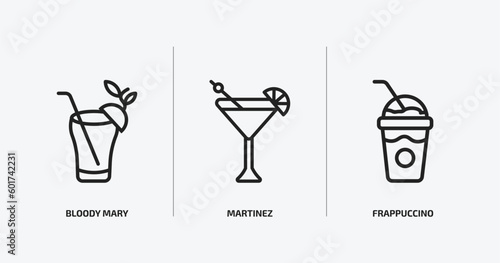 drinks outline icons set. drinks icons such as bloody mary, martinez, frappuccino vector. can be used web and mobile.