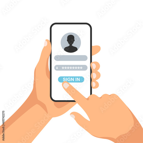 Account login and password. Signing up user data on smartphone app. Secure your phone. Vector illustration in trendy flat style isolated on white background. 