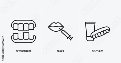 dentist outline icons set. dentist icons such as overdenture, filler, dentures vector. can be used web and mobile.