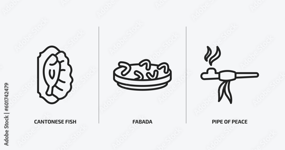 Fototapeta premium culture outline icons set. culture icons such as cantonese fish, fabada, pipe of peace vector. can be used web and mobile.
