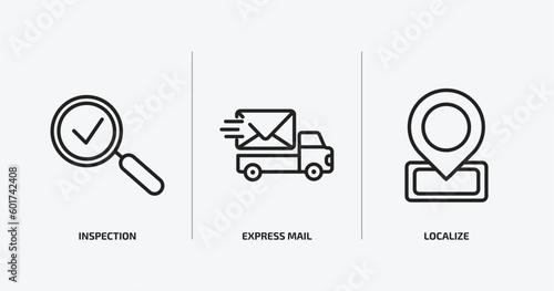 delivery and logistic outline icons set. delivery and logistic icons such as inspection, express mail, localize vector. can be used web and mobile.
