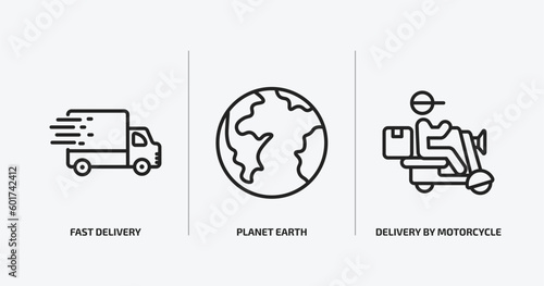 delivery and logistic outline icons set. delivery and logistic icons such as fast delivery, planet earth, by motorcycle vector. can be used web and mobile.