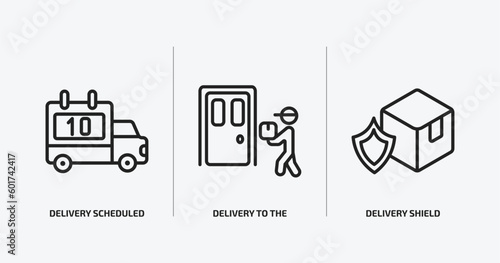 delivery and logistic outline icons set. delivery and logistic icons such as delivery scheduled, to the door, shield vector. can be used web and mobile.
