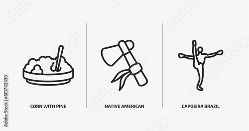 culture outline icons set. culture icons such as corn with pine, native american axes, capoeira brazil dancers vector. can be used web and mobile. photo