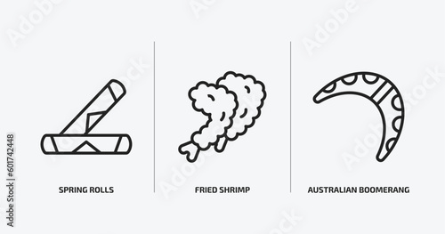 culture outline icons set. culture icons such as spring rolls, fried shrimp, australian boomerang vector. can be used web and mobile.