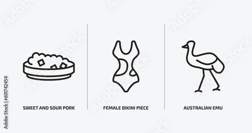 culture outline icons set. culture icons such as sweet and sour pork, female bikini piece, australian emu vector. can be used web and mobile.