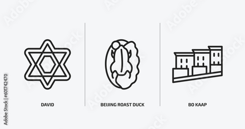culture outline icons set. culture icons such as david, beijing roast duck, bo kaap vector. can be used web and mobile.