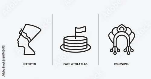 culture outline icons set. culture icons such as nefertiti, cake with a flag, kokoshnik vector. can be used web and mobile.