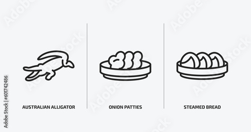 culture outline icons set. culture icons such as australian alligator, onion patties, steamed bread vector. can be used web and mobile.