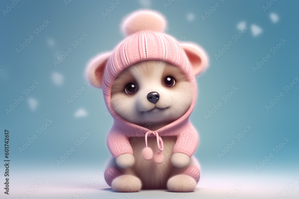 Fototapeta premium A cute, little, baby puppy in warm winter clothes, symbol of love. Pastel, dog, animal concept. Valentine's Day, love, cute fairy tale creature. Illustration, Generative AI