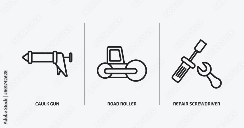 construction tools outline icons set. construction tools icons such as caulk gun, road roller, repair screwdriver vector. can be used web and mobile. construction tools outline icons set. construction tools icons such as caulk gun, road roller, repair screwdriver vector. can be used web and mobile.
